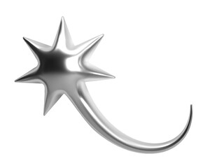 3D Y2K chrome star with a curved tail, resembling a comet or meteor, shiny liquid metal glossy silver surface. Isolated vector element for retro futuristic design, cyber space, and galaxy aesthetic