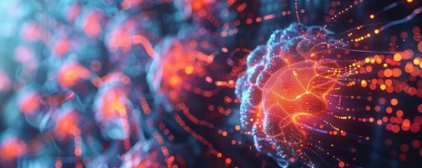 Contagion particles infecting a computer system, Glowing Wireframe, SciFi Style, Dark Background, Illustration, Highlighting cyber epidemics