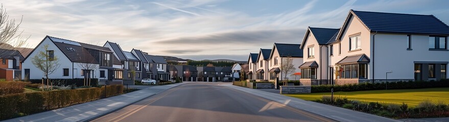 A row of modern new build houses in the suburban area