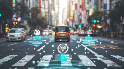 City street with self-driving cars and digital interface icons. Futuristic photography with place...