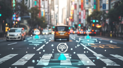 City street with self-driving cars and digital interface icons. Futuristic photography with place for text. Smart city and autonomous vehicle technology concept for design and print.