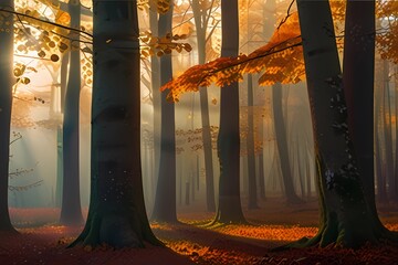 Autumn Landscape. Fall Scene.Trees and Leaves in Sunlight Rays. Autumn Landscape. Fall Scene. Trees and Leaves, Foggy Forest in Sunlight Rays
