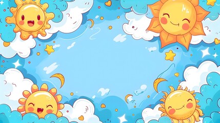 Cheerful Doodle Border Design with Smiling Sun Characters for Children s Day Background