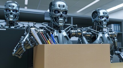 A human hand holds an open cardboard box filled with office supplies, while three humanoid robots dressed in business attire stand behind, observing intently.