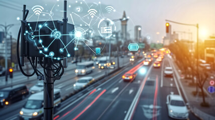 Smart city infrastructure with digital network icons over a busy urban road. Futuristic technology photography with place for text. Internet of Things and urban connectivity concept for design