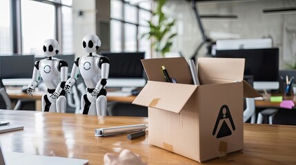 A human hand holds an open cardboard box filled with office supplies, while three humanoid robots dressed in business attire stand behind, observing intently.