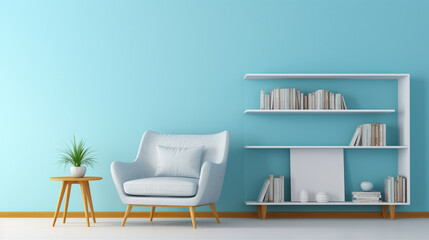 A contemporary white bookshelf against a sky blue wall, housing minimal decor items beside a cozy seating area and a blank empty white frame mockup.