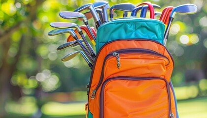 Neatly arranged golf clubs in bag  organization highlighted, summer olympics sports concept