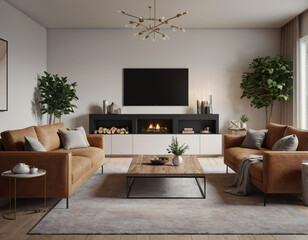 3D render of a modern living room interior, emphasizing comfort and style. Incorporate sleek furniture, a neutral color palette with pops of color, ambient lighting, tasteful décor