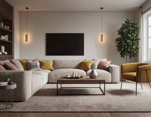 3D render of a modern living room interior, emphasizing comfort and style. Incorporate sleek furniture, a neutral color palette with pops of color, ambient lighting, tasteful décor