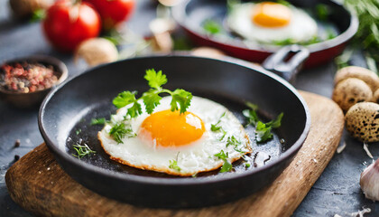 sunny-side-up eggs in a black pan on a white table top, garnished with herbs, exuding a fresh and appetizing appeal ideal for breakfast or brunch imagery
