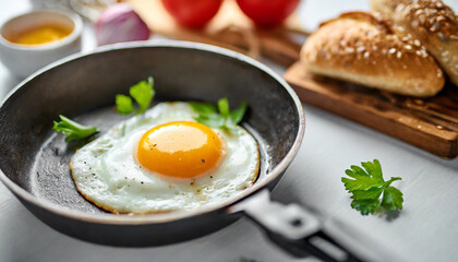 sunny-side-up eggs in a black pan on a white table top, garnished with herbs, exuding a fresh and appetizing appeal ideal for breakfast or brunch imagery