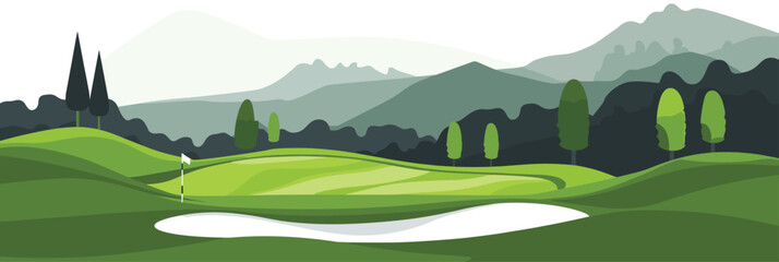 Scenic Countryside Golf Course Landscape with Flags, Greens, and Sand Bunke. Vector illustration