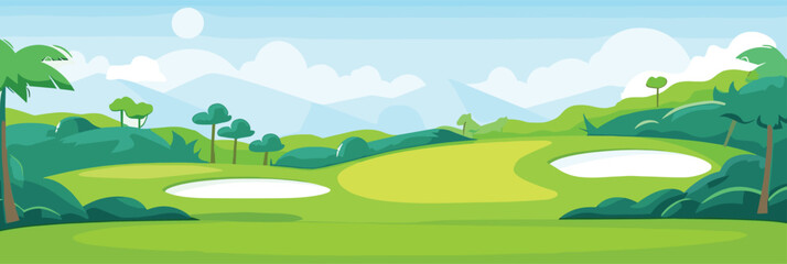 Obraz premium Scenic Countryside Golf Course Landscape with Flags, Greens, and Sand Bunke. Vector illustration