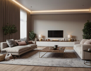 3D render of a modern living room interior, emphasizing comfort and style. Incorporate sleek furniture, a neutral color palette with pops of color, ambient lighting, tasteful décor