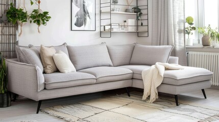 modern Scandinavian corner sofa in light grey color with pillows and blanket against white wall with shelf, carpet on the floor, window with curtains, plants on shelves, cozy home interior design