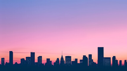 Silhouette of city skyline at sunset with gradient sky. Minimalistic vector illustration with place for text. Urban landscape and twilight concept for design and print