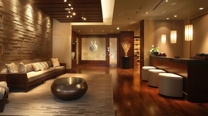 Elegant spa reception area with comfortable seating, soft music, and a welcoming atmosphere