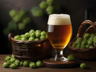 A glass of beer next to a basket of hops and hops InternationalBeerDay