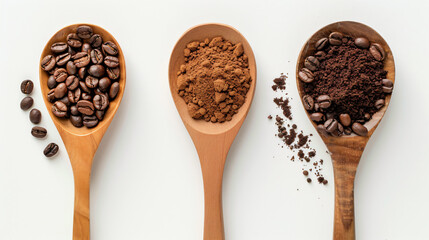 Wooden spoons of beans instant and ground coffee on white