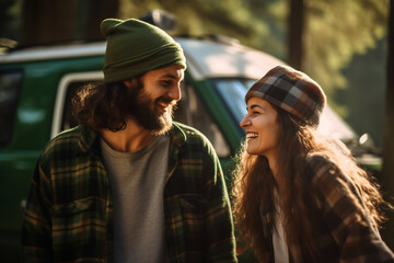 Happy young couple standing beside a green camper van in the forest, laughing and wearing beanies, enjoying a carefree adventure