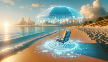 Tranquil Beach with Holographic Umbrella and Chair - Futuristic Coastal Scene with Digital Elements AI Generative