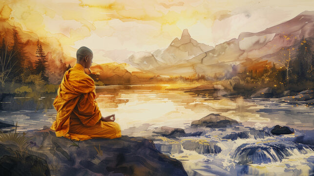 An artistic painting of a Buddhist monk in deep meditation, wearing traditional saffron robes - Powered by Adobe