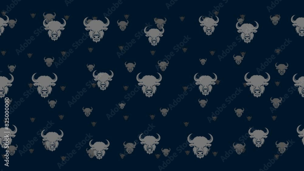 Poster buffalo heads float horizontally from left to right. parallax fly effect. floating symbols are locat