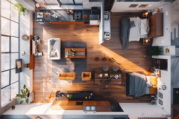 Floor plan of a house top view 3D. Open concept living apartment layout