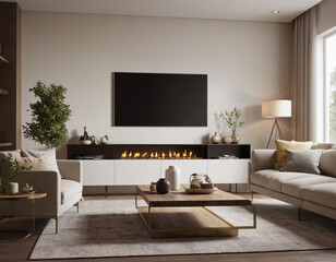 3D render of a modern living room interior, emphasizing comfort and style. Incorporate sleek furniture, a neutral color palette with pops of color, ambient lighting, tasteful décor