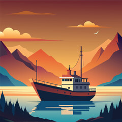 Boat or ship in the sea. Sunset sky background.
