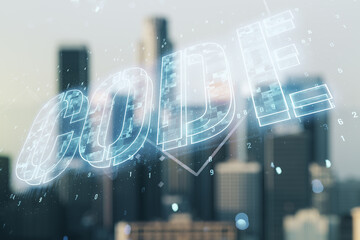 Code word hologram on blurry cityscape background, artificial intelligence and neural networks concept. Multiexposure