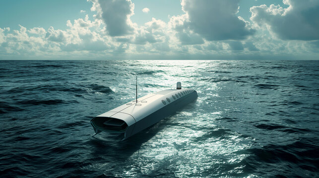 Autonomous ship navigating alone in the open ocean.