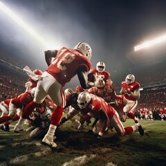A thrilling moment in an American football game, capturing the power and strategy of the players as they clash on the field, with a roaring crowd and dramatic stadium lighting.