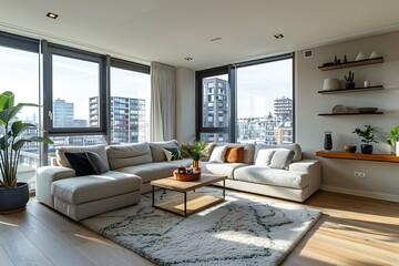 overview of a contemporary mid-range apartment living room with morning lighting