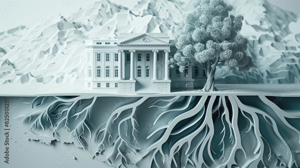 Poster detailed grayscale illustration showing a classical building and a large tree with roots extending d