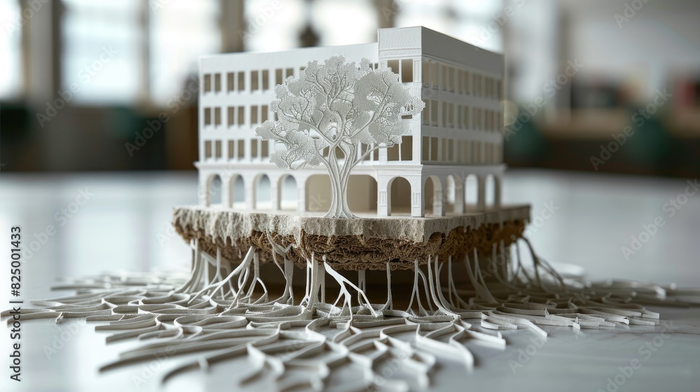 Aufkleber paper model of a modern building with a detailed tree and roots extending across the surface, symbol