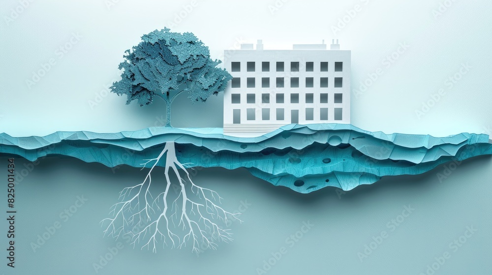 Poster modern building and a tree with roots spreading underground are depicted in a serene, monochromatic 