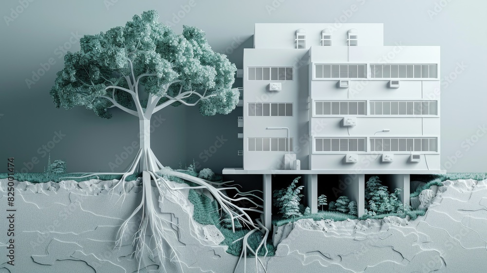 Poster detailed monochromatic illustration of a building and a tree with deep roots, showing the interconne