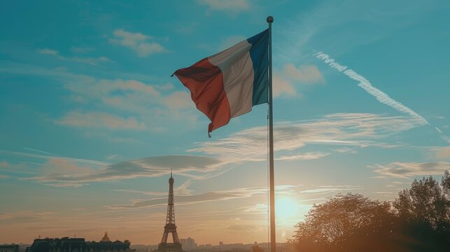 French flag in front of Eiffel Tower, capturing Bastille Day celebration. Celebrate Bastille Day with the French flag waving by the Eiffel Tower.