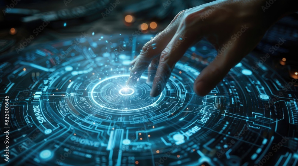 Aufkleber hand interacting with a futuristic digital interface, surrounded by glowing blue circuitry, symboliz