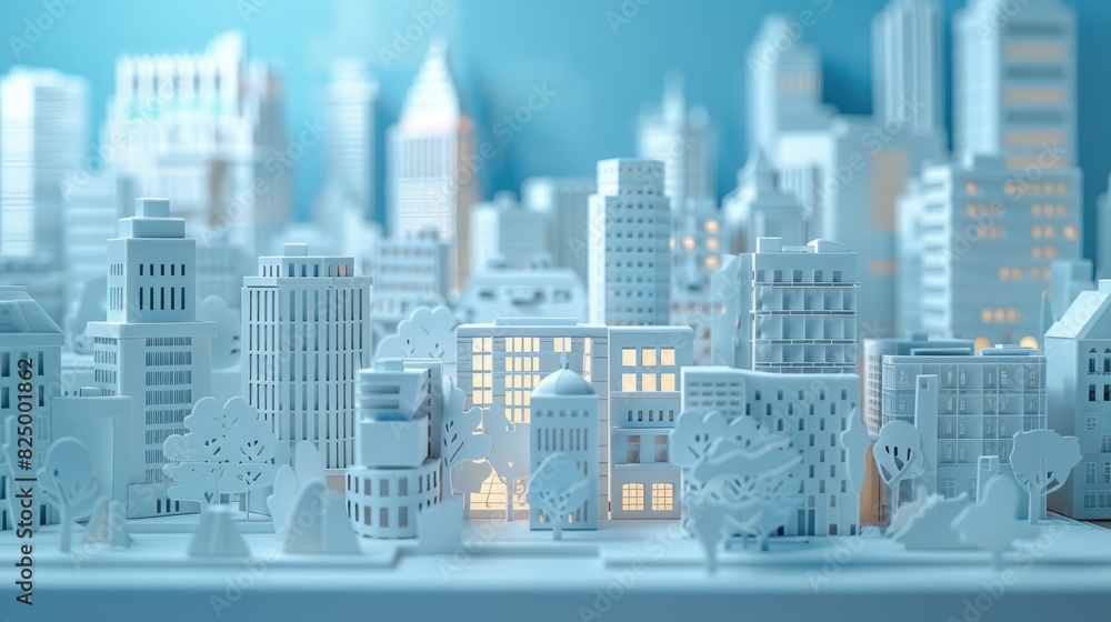 Aufkleber detailed papercut cityscape with various buildings and trees in a soft blue and white palette, highl