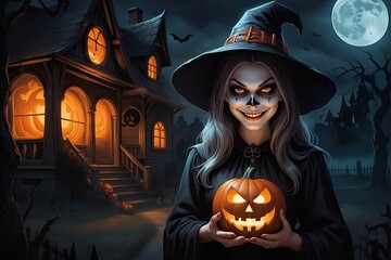 Halloween jack o lanterns and witch on various creepy background