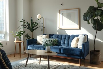 Design a serene Scandinavian living room with clean lines, neutral tones, and a sleek blue sofa for a pop of color. Create an airy, uncluttered space with empty wall mockups for personalized