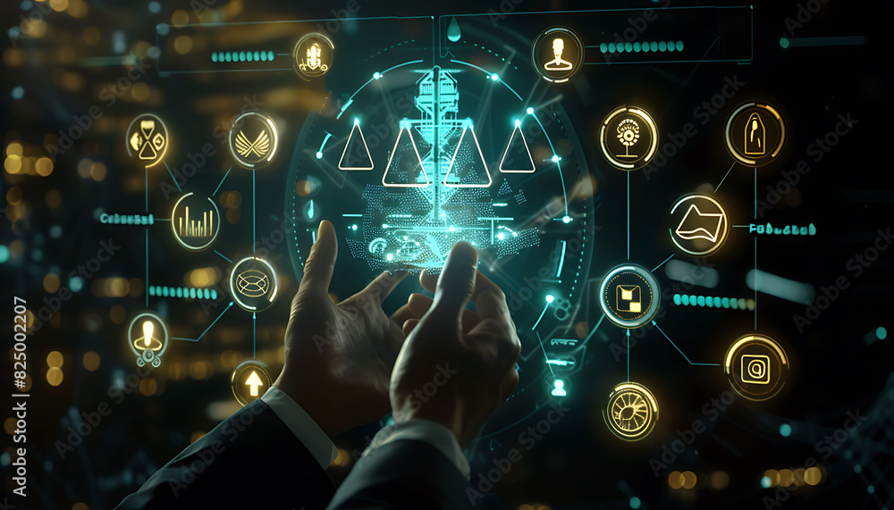 Poster Futuristic business interface with a person in a suit interacting with a holographic display showing the scales of justice and business-related icons