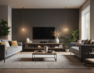 3D render of a modern living room interior, emphasizing comfort and style. Incorporate sleek furniture, a neutral color palette with pops of color, ambient lighting, tasteful décor