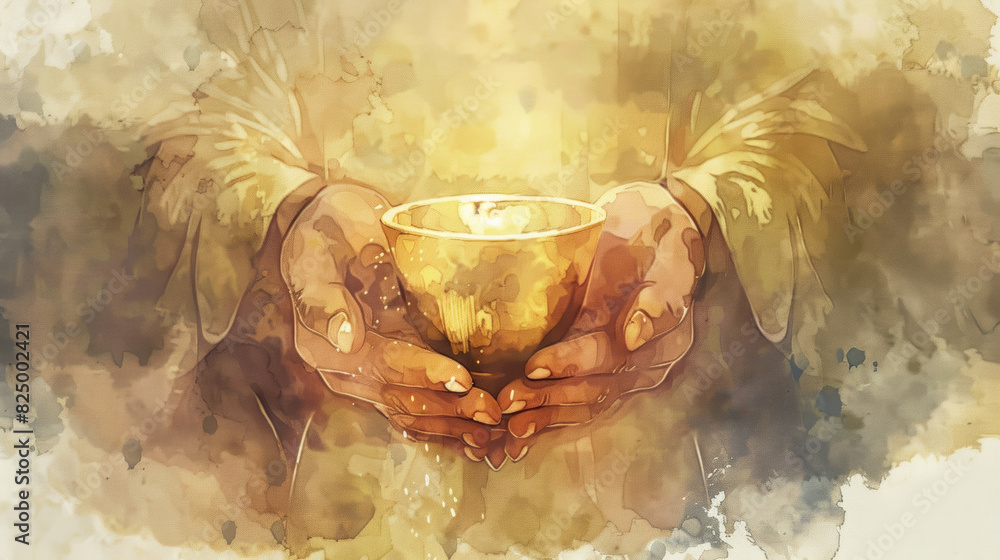 Wall mural a digital illustration of hands holding the sacred chalice, reverent and graceful