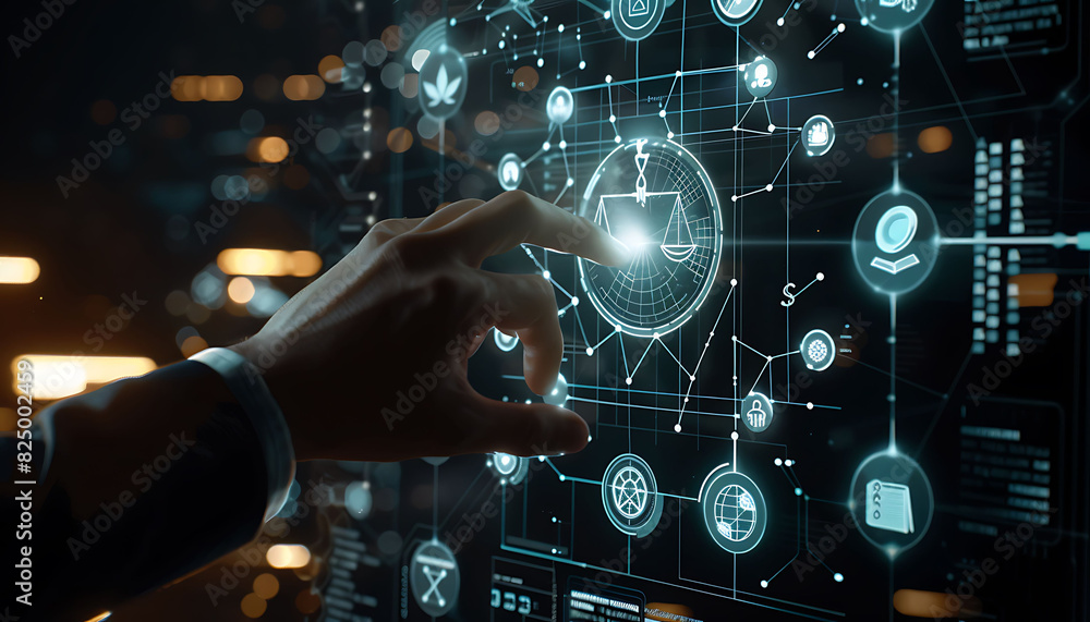 Poster Futuristic business interface with a person in a suit interacting with a holographic display showing the scales of justice and business-related icons