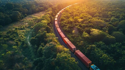 Aerial view of a vibrant cargo train snaking through a lush green landscape at golden hour - Powered by Adobe