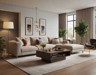 3D render of a modern living room interior, emphasizing comfort and style. Incorporate sleek furniture, a neutral color palette with pops of color, ambient lighting, tasteful décor